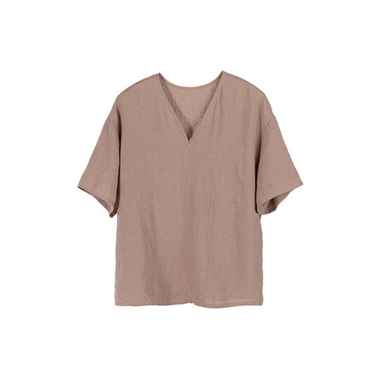 绽放361朵【甜茶系列·卡布奇诺】法国进口砂洗亚麻v领短袖衬衫 商品图6