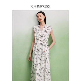 西嘉C+IMPRESS/西嘉天丝印花提花穿珠腰链设计感度假风无袖连衣裙女夏LYQ2402044