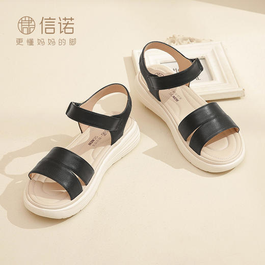 信诺真皮超轻软底凉鞋女士2023年新款夏季厚底平底舒适防滑妈妈鞋23L323-2 商品图2