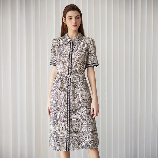 【桑蚕丝印花连衣裙】24年春夏新品女士100%桑蚕丝中长款连衣裙时尚衬衫款真丝裙子 商品图2