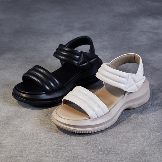 头层牛皮厚底粗跟，一字带魔术贴时尚露趾鱼嘴鞋 ZM24X731 商品图3