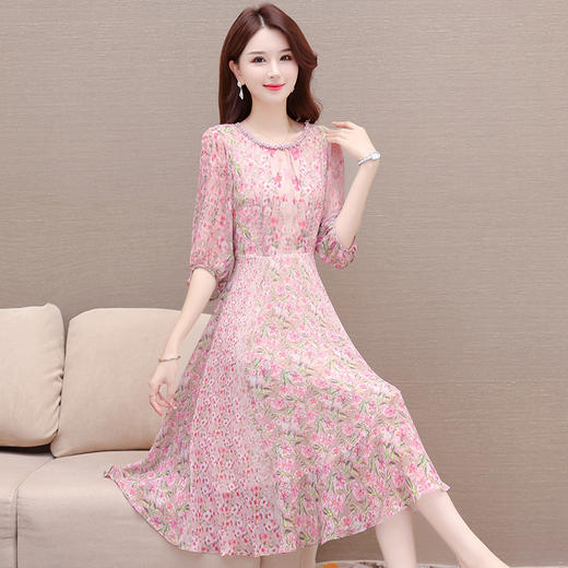 印花简约中长款时尚雪纺裙，圆领七分袖时髦优雅连衣裙QYM-DFN-A2988-L 商品图1