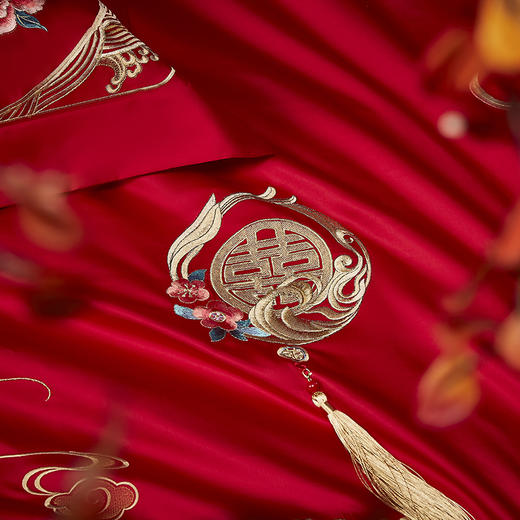 自然醒100支长绒棉囍嫁系列婚庆四件套全棉大红刺绣纯棉喜被新婚嫁结婚房床品GDS 商品图6