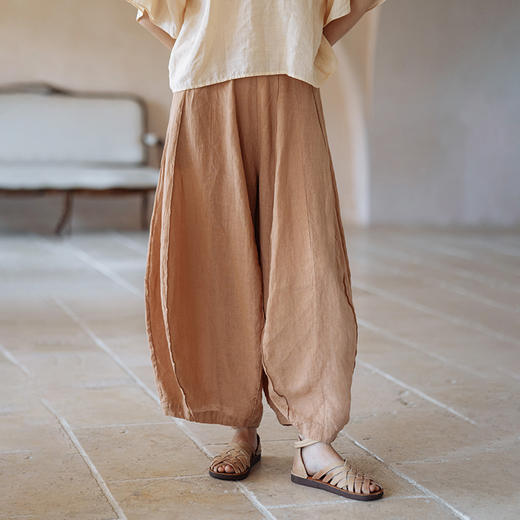 绽放365【甜茶系列·牛角包】干洗亚麻拼接线条设计感休闲灯笼裤 商品图0