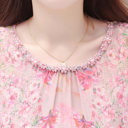 印花简约中长款时尚雪纺裙，圆领七分袖时髦优雅连衣裙QYM-DFN-A2988-L 商品图3