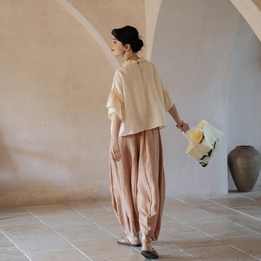 绽放365【甜茶系列·牛角包】干洗亚麻拼接线条设计感休闲灯笼裤 商品图3