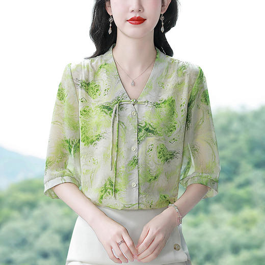 别致雪纺衬衫七分袖新中式上衣K-A07N6135 商品图0