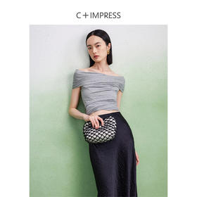 西嘉【该款尺码偏小一码】T2402010C+IMPRESS/西嘉蚕丝针织T恤女夏季新款设计感不对称多穿褶皱短袖