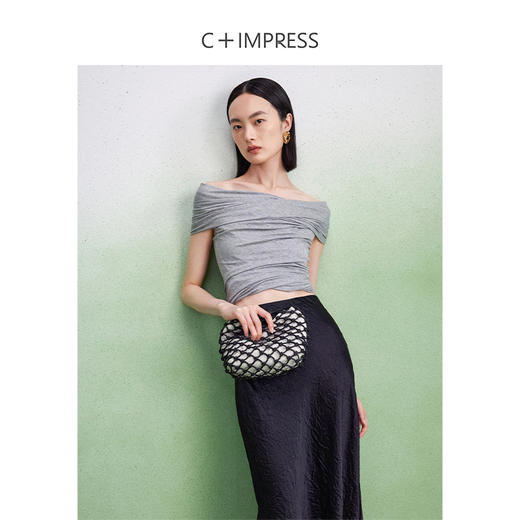 西嘉【该款尺码偏小一码】T2402010C+IMPRESS/西嘉蚕丝针织T恤女夏季新款设计感不对称多穿褶皱短袖 商品图0