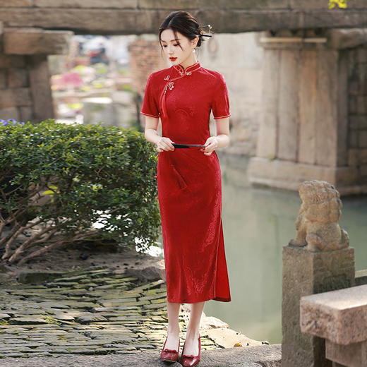 2024夏季新款国风订婚送考提花中长款红色气质显瘦宴会婚礼旗袍MLS-6891 商品图4