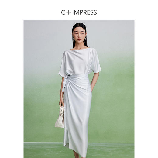 西嘉C+IMPRESS/西嘉静奢风中袖连衣裙女夏季醋酸一字肩围裹式腰间系带LYQ2402081 商品图0