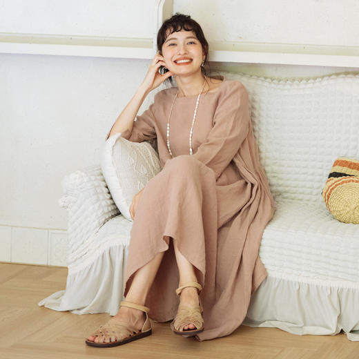 绽放372【甜茶系列·肉桂】高支砂洗亚麻一字领七分袖碎褶连衣裙 商品图2
