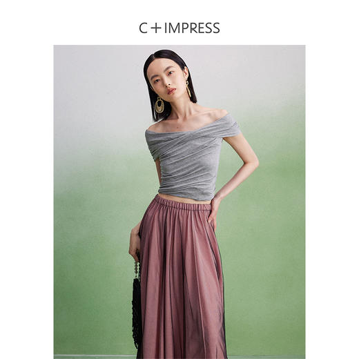 西嘉【该款尺码偏小一码】T2402010C+IMPRESS/西嘉蚕丝针织T恤女夏季新款设计感不对称多穿褶皱短袖 商品图1