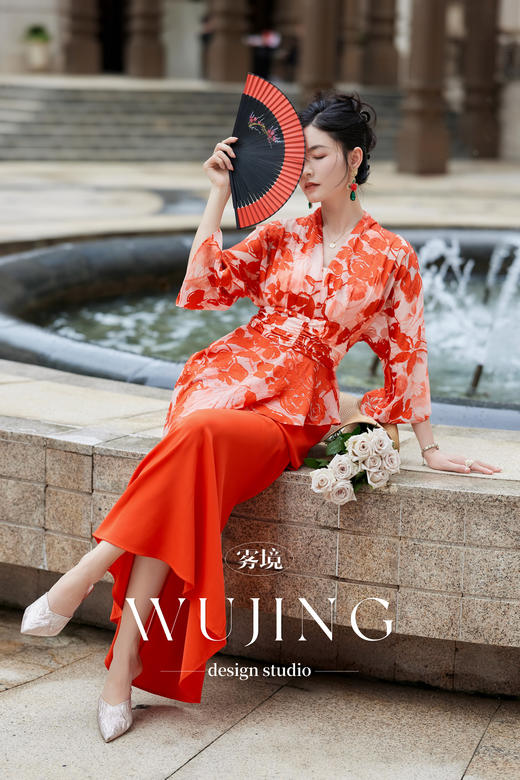 【雾境定制】花影橘梦系列双重工艺烧花缎蜂窝缎连衣裙 3204090 商品图0