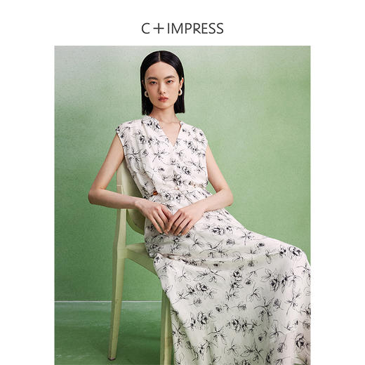 西嘉C+IMPRESS/西嘉天丝印花提花穿珠腰链设计感度假风无袖连衣裙女夏LYQ2402044 商品图1