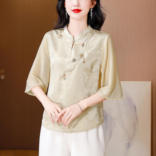 仿醋酸缎面提花短袖衬衫，高级感新中式国风上衣K-435H5769 商品图1
