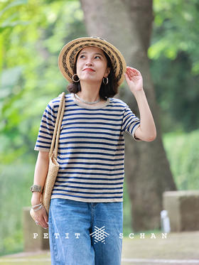 溪流 纯亚麻经典条纹轻盈透气针织短袖