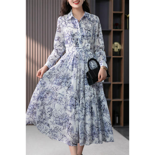 87816原形长袖碎花连衣裙女2024春季新款韩版收腰衬衫长裙子法式茶歇裙 商品图3