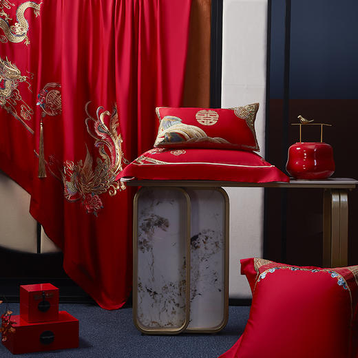 自然醒100支长绒棉囍嫁系列婚庆四件套全棉大红刺绣纯棉喜被新婚嫁结婚房床品GDS 商品图7