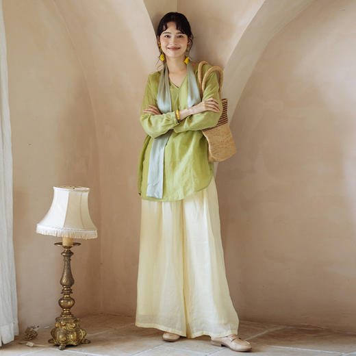 绽放196【甜茶系列·焦糖布丁】高端100支苎麻双层不透宽松阔腿裤 商品图1