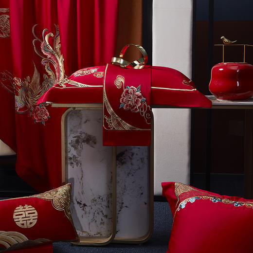 自然醒100支长绒棉囍嫁系列婚庆四件套全棉大红刺绣纯棉喜被新婚嫁结婚房床品GDS 商品图8