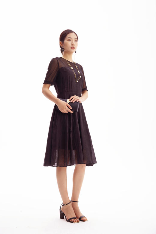 HJ2S19_漆黑色_连衣裙_春夏_复古网纱透视拼接收腰显瘦通勤气质连衣裙_高级女装_BERNIEELEN 伯妮斯茵 商品图6