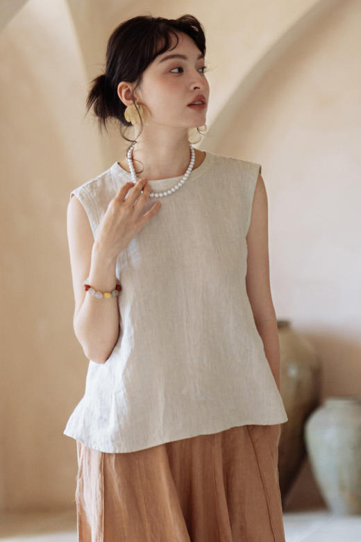 * 绽放370【甜茶系列·果酱和麻薯】空气干洗亚麻小立领A摆无袖背心 商品图5