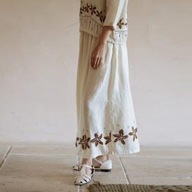 绽放402【甜茶系列·咖啡花】高支亚麻定位印花中长款度假半身裙