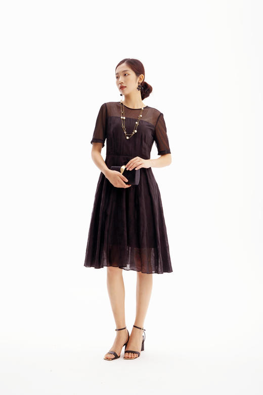 HJ2S19_漆黑色_连衣裙_春夏_复古网纱透视拼接收腰显瘦通勤气质连衣裙_高级女装_BERNIEELEN 伯妮斯茵 商品图1