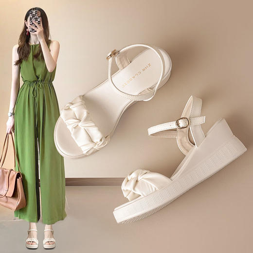 ZHR一字带坡跟凉鞋2024夏季新款休闲简约时装凉鞋高级百搭高跟鞋 商品图0