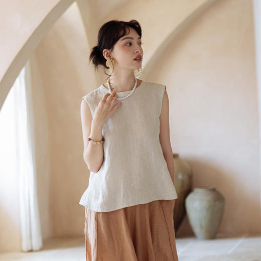 * 绽放370【甜茶系列·果酱和麻薯】空气干洗亚麻小立领A摆无袖背心 商品图1