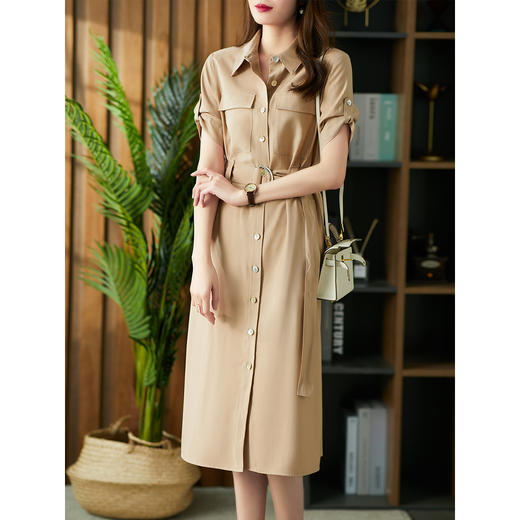 70169原形气质卡其色连衣裙女2024春夏季新款收腰中长款显瘦过膝裙子 商品图0