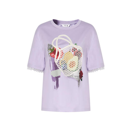 两三事花篮渐满2024夏季新款小清新印花立体装饰棉质t恤女宽松 商品图4