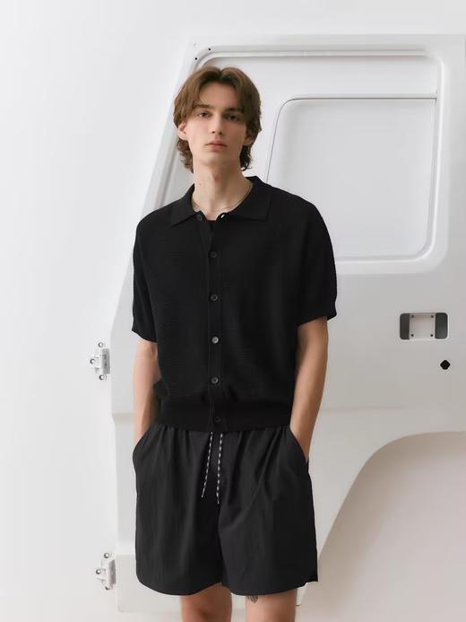 EviStub/E-4XMY602/全棉复古提花针织翻领纽扣开衫短袖 商品图1