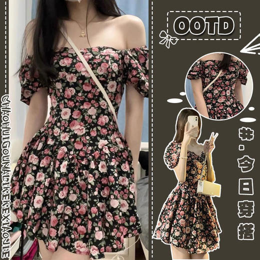 【超仙超美❗️雪纺碎花连衣裙】茶歇法式方领，设计新颖，柔软舒适，又纯又欲，泡泡袖纯欲风夏季新款露肩性感修身短裙女 商品图3