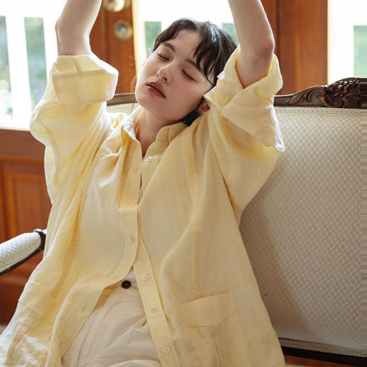 绽放409朵【甜茶系列·杏色布丁】塔克捏褶设计感长袖亚麻衬衫 商品图1