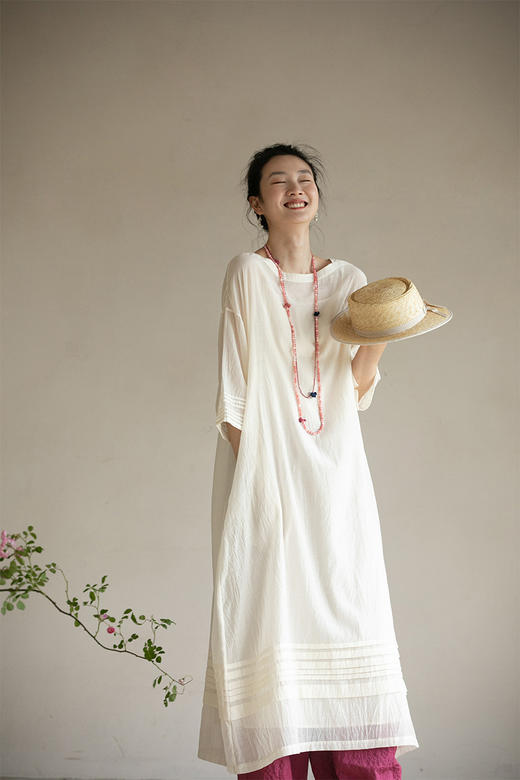 牧衣游原创 净色丝棉刺绣连衣裙-----半溪月 商品图5