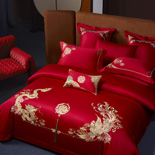 自然醒100支长绒棉囍嫁系列婚庆四件套全棉大红刺绣纯棉喜被新婚嫁结婚房床品GDS 商品图2