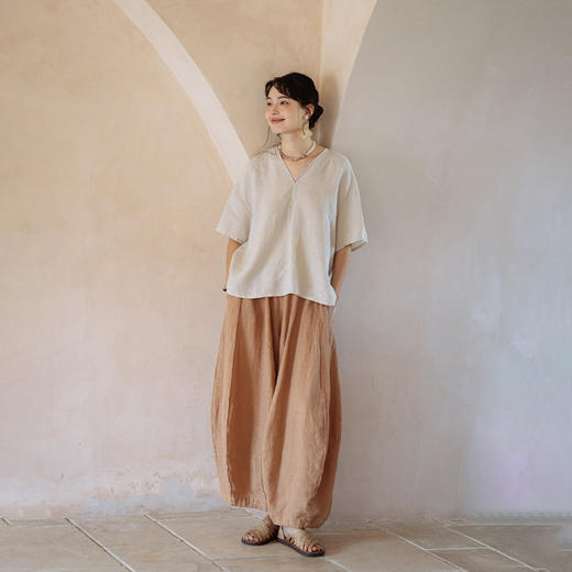 绽放365【甜茶系列·牛角包】干洗亚麻拼接线条设计感休闲灯笼裤 商品图1
