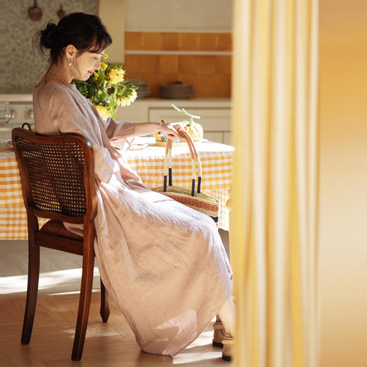 绽放372【甜茶系列·肉桂】高支砂洗亚麻一字领七分袖碎褶连衣裙 商品图1