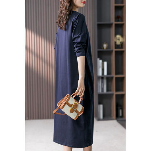 87824原形宽松显瘦连衣裙女长袖2024春季新款韩版高级感圆领直筒长裙子 商品图0