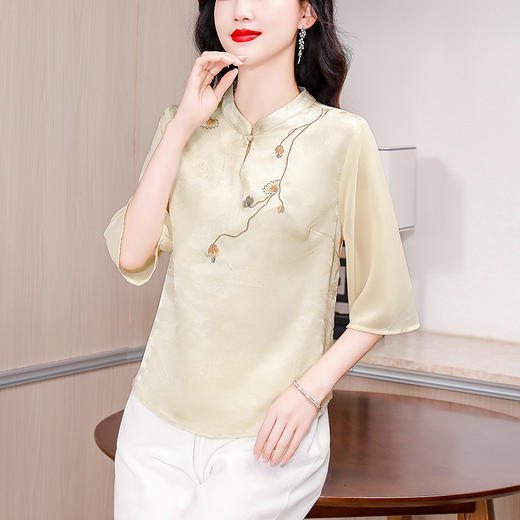 仿醋酸缎面提花短袖衬衫，高级感新中式国风上衣K-435H5769 商品图3