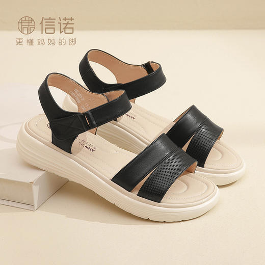 信诺真皮超轻软底凉鞋女士2023年新款夏季厚底平底舒适防滑妈妈鞋23L323-2 商品图0