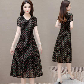 QYM 24S53时尚印花连衣裙妈妈装过膝裙