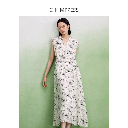 西嘉C+IMPRESS/西嘉天丝印花提花穿珠腰链设计感度假风无袖连衣裙女夏LYQ2402044 商品图3