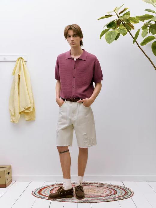 EviStub/E-4XMY602/全棉复古提花针织翻领纽扣开衫短袖 商品图3