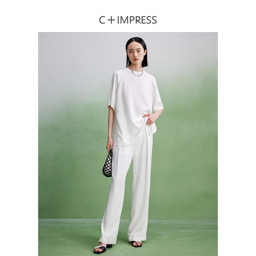 西嘉CS2402046C+IMPRESS/西嘉醋酸短袖套装女裤子亚麻肌理廓型新中式盘扣设计感 商品图2