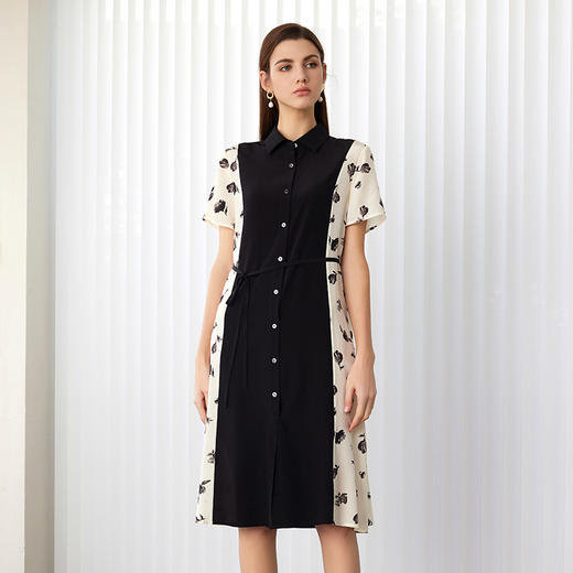 【拼接撞色衬衫裙】24年春夏新品女士100%桑蚕丝印花中长款连衣裙 商品图1