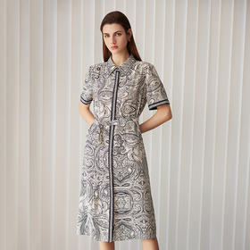 【桑蚕丝印花连衣裙】24年春夏新品女士100%桑蚕丝中长款连衣裙时尚衬衫款真丝裙子