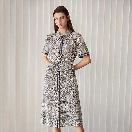 【桑蚕丝印花连衣裙】24年春夏新品女士100%桑蚕丝中长款连衣裙时尚衬衫款真丝裙子 商品图0